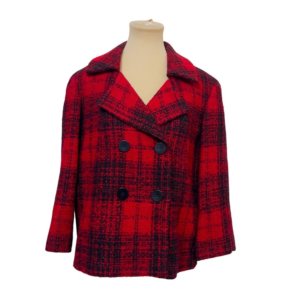 Talbots Red Plaid Wool Blend Double Breasted Pea Coat Size 12 Preppy Office